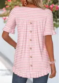 Modlily Pink Striped Frill Short Sleeve Round Neck T Shirt - XXL