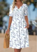 Modlily White Leaf Print Smocked Short Sleeve Split Neck Dress - XXL