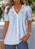 Modlily Dusty Blue Striped Frill Short Sleeve T Shirt - L