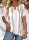 Modlily Multi Color Striped Tummy Coverage Short Sleeve Blouse - M
