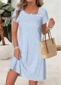 Modlily Blue Striped Short Tummy Coverage Asymmetrical Neck Dress - S
