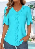 Modlily Cyan Ruffle Half Sleeve V Neck Blouse - S