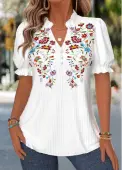 Modlily White Floral Print Curved Hem Short Sleeve Blouse - M