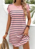 Modlily Pink Striped Short Round Neck Dress - M
