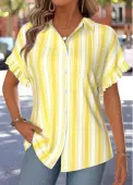 Modlily Yellow Striped Ruffle Short Sleeve Shirt Collar Blouse - XL